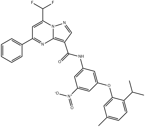 7-(difluoromethyl)-N-[3-nitro-5-(2-isopropyl-5-methylphenoxy)phenyl]-5-phenylpyrazolo[1,5-a]pyrimidine-3-carboxamide Struktur