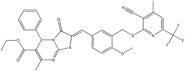 ethyl 2-[3-({[3-cyano-4-methyl-6-(trifluoromethyl)-2-pyridinyl]sulfanyl}methyl)-4-methoxybenzylidene]-7-methyl-3-oxo-5-phenyl-2,3-dihydro-5H-[1,3]thiazolo[3,2-a]pyrimidine-6-carboxylate Struktur