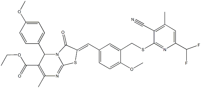 ethyl 2-[3-({[3-cyano-6-(difluoromethyl)-4-methyl-2-pyridinyl]sulfanyl}methyl)-4-methoxybenzylidene]-5-(4-methoxyphenyl)-7-methyl-3-oxo-2,3-dihydro-5H-[1,3]thiazolo[3,2-a]pyrimidine-6-carboxylate Struktur