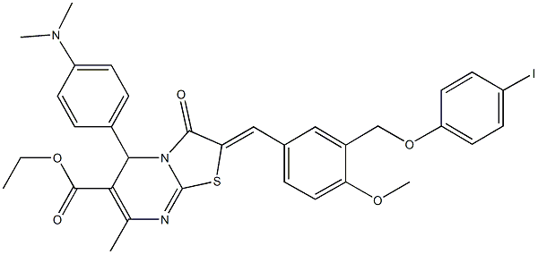 ethyl 5-[4-(dimethylamino)phenyl]-2-{3-[(4-iodophenoxy)methyl]-4-methoxybenzylidene}-7-methyl-3-oxo-2,3-dihydro-5H-[1,3]thiazolo[3,2-a]pyrimidine-6-carboxylate Struktur