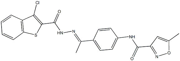 N-(4-{N-[(3-chloro-1-benzothien-2-yl)carbonyl]ethanehydrazonoyl}phenyl)-5-methyl-3-isoxazolecarboxamide Struktur