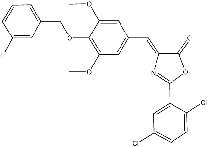 2-(2,5-dichlorophenyl)-4-{4-[(3-fluorobenzyl)oxy]-3,5-dimethoxybenzylidene}-1,3-oxazol-5(4H)-one Struktur