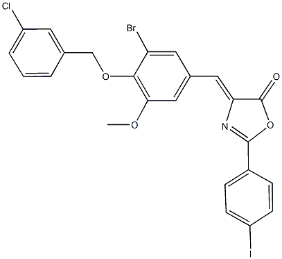 4-{3-bromo-4-[(3-chlorobenzyl)oxy]-5-methoxybenzylidene}-2-(4-iodophenyl)-1,3-oxazol-5(4H)-one Struktur