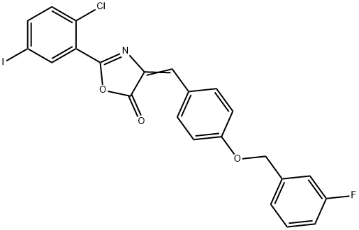 2-(2-chloro-5-iodophenyl)-4-{4-[(3-fluorobenzyl)oxy]benzylidene}-1,3-oxazol-5(4H)-one Struktur