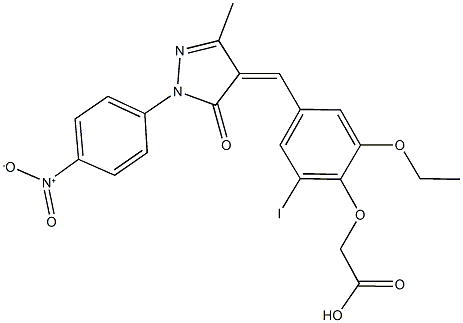 {2-ethoxy-4-[(1-{4-nitrophenyl}-3-methyl-5-oxo-1,5-dihydro-4H-pyrazol-4-ylidene)methyl]-6-iodophenoxy}acetic acid Struktur