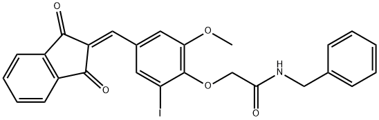 N-benzyl-2-{4-[(1,3-dioxo-1,3-dihydro-2H-inden-2-ylidene)methyl]-2-iodo-6-methoxyphenoxy}acetamide Struktur