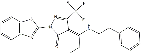 2-(1,3-benzothiazol-2-yl)-4-{1-[(2-phenylethyl)amino]propylidene}-5-(trifluoromethyl)-2,4-dihydro-3H-pyrazol-3-one Struktur