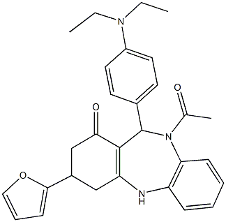 10-acetyl-11-[4-(diethylamino)phenyl]-3-(2-furyl)-2,3,4,5,10,11-hexahydro-1H-dibenzo[b,e][1,4]diazepin-1-one Struktur