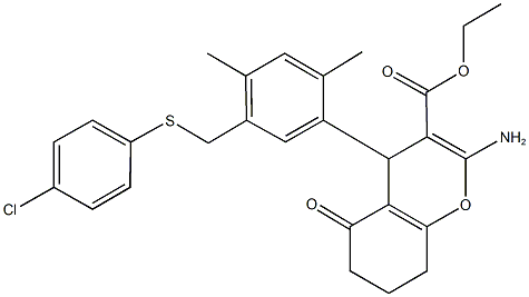 ethyl 2-amino-4-(5-{[(4-chlorophenyl)sulfanyl]methyl}-2,4-dimethylphenyl)-5-oxo-5,6,7,8-tetrahydro-4H-chromene-3-carboxylate Struktur