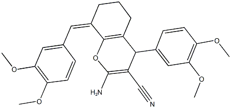 2-amino-8-(3,4-dimethoxybenzylidene)-4-(3,4-dimethoxyphenyl)-5,6,7,8-tetrahydro-4H-chromene-3-carbonitrile Struktur