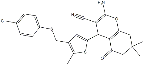 2-amino-4-(4-{[(4-chlorophenyl)sulfanyl]methyl}-5-methyl-2-thienyl)-7,7-dimethyl-5-oxo-5,6,7,8-tetrahydro-4H-chromene-3-carbonitrile Struktur