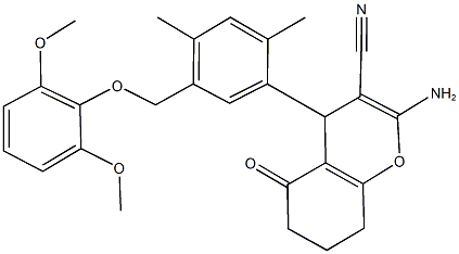 2-amino-4-{5-[(2,6-dimethoxyphenoxy)methyl]-2,4-dimethylphenyl}-5-oxo-5,6,7,8-tetrahydro-4H-chromene-3-carbonitrile Struktur