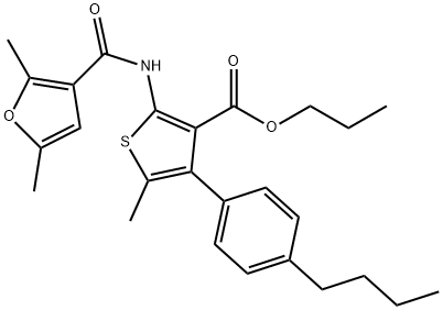 propyl 4-(4-butylphenyl)-2-[(2,5-dimethyl-3-furoyl)amino]-5-methyl-3-thiophenecarboxylate Struktur