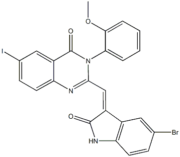 2-[(5-bromo-2-oxo-1,2-dihydro-3H-indol-3-ylidene)methyl]-6-iodo-3-(2-methoxyphenyl)-4(3H)-quinazolinone Struktur