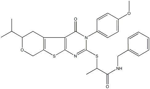 N-benzyl-2-{[6-isopropyl-3-(4-methoxyphenyl)-4-oxo-3,5,6,8-tetrahydro-4H-pyrano[4',3':4,5]thieno[2,3-d]pyrimidin-2-yl]sulfanyl}propanamide Struktur