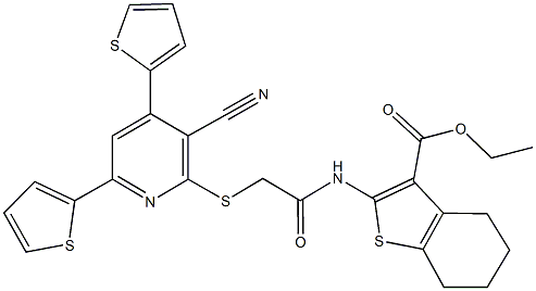 ethyl 2-[({[3-cyano-4,6-di(2-thienyl)-2-pyridinyl]sulfanyl}acetyl)amino]-4,5,6,7-tetrahydro-1-benzothiophene-3-carboxylate Struktur