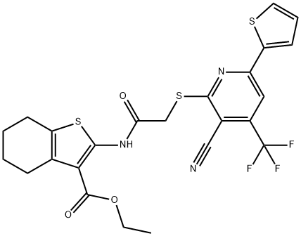 ethyl 2-[({[3-cyano-6-(2-thienyl)-4-(trifluoromethyl)-2-pyridinyl]sulfanyl}acetyl)amino]-4,5,6,7-tetrahydro-1-benzothiophene-3-carboxylate Struktur