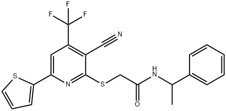 2-{[3-cyano-6-(2-thienyl)-4-(trifluoromethyl)-2-pyridinyl]sulfanyl}-N-(1-phenylethyl)acetamide Struktur