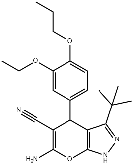 6-amino-3-(1,1-dimethylethyl)-4-[3-(ethyloxy)-4-(propyloxy)phenyl]-1,4-dihydropyrano[2,3-c]pyrazole-5-carbonitrile Struktur