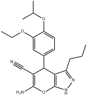 6-amino-4-{3-(ethyloxy)-4-[(1-methylethyl)oxy]phenyl}-3-propyl-1,4-dihydropyrano[2,3-c]pyrazole-5-carbonitrile Struktur