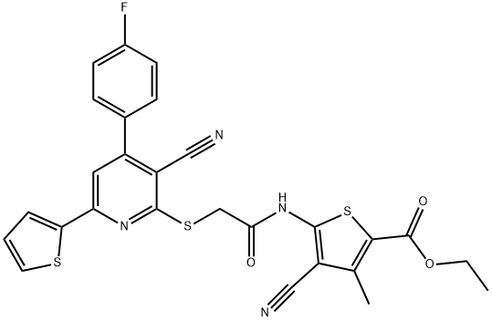 ethyl 4-cyano-5-[({[3-cyano-4-(4-fluorophenyl)-6-(2-thienyl)-2-pyridinyl]sulfanyl}acetyl)amino]-3-methyl-2-thiophenecarboxylate Struktur