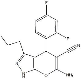 6-amino-4-(2,4-difluorophenyl)-3-propyl-1,4-dihydropyrano[2,3-c]pyrazole-5-carbonitrile Struktur