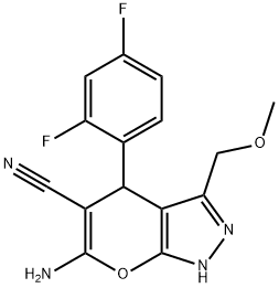 6-amino-4-(2,4-difluorophenyl)-3-(methoxymethyl)-1,4-dihydropyrano[2,3-c]pyrazole-5-carbonitrile Struktur