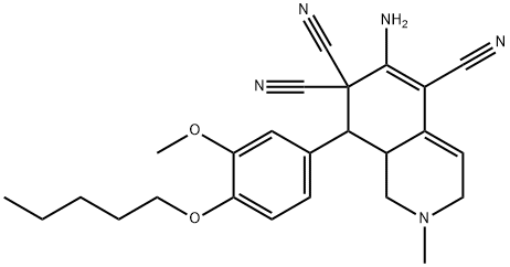 6-amino-2-methyl-8-[3-(methyloxy)-4-(pentyloxy)phenyl]-2,3,8,8a-tetrahydroisoquinoline-5,7,7(1H)-tricarbonitrile Struktur