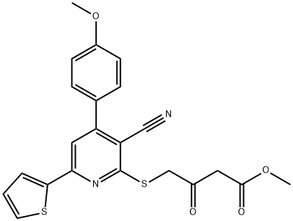 methyl 4-({3-cyano-4-[4-(methyloxy)phenyl]-6-thien-2-ylpyridin-2-yl}sulfanyl)-3-oxobutanoate Struktur