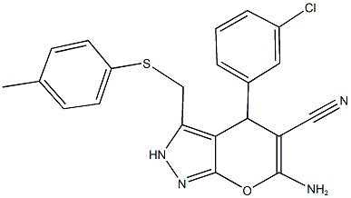 6-amino-4-(3-chlorophenyl)-3-{[(4-methylphenyl)sulfanyl]methyl}-2,4-dihydropyrano[2,3-c]pyrazole-5-carbonitrile Struktur