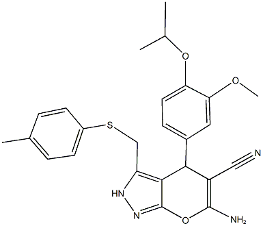 6-amino-4-[4-[(1-methylethyl)oxy]-3-(methyloxy)phenyl]-3-{[(4-methylphenyl)sulfanyl]methyl}-2,4-dihydropyrano[2,3-c]pyrazole-5-carbonitrile Struktur