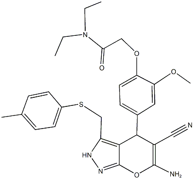 2-[4-(6-amino-5-cyano-3-{[(4-methylphenyl)sulfanyl]methyl}-2,4-dihydropyrano[2,3-c]pyrazol-4-yl)-2-methoxyphenoxy]-N,N-diethylacetamide Struktur