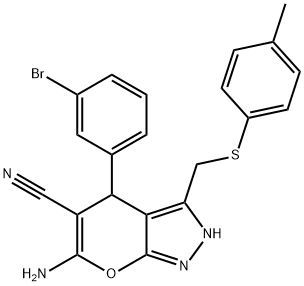 6-amino-4-(3-bromophenyl)-3-{[(4-methylphenyl)sulfanyl]methyl}-2,4-dihydropyrano[2,3-c]pyrazole-5-carbonitrile Struktur