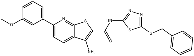 3-amino-N-[5-(benzylsulfanyl)-1,3,4-thiadiazol-2-yl]-6-(3-methoxyphenyl)thieno[2,3-b]pyridine-2-carboxamide Struktur