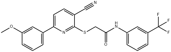 2-{[3-cyano-6-(3-methoxyphenyl)-2-pyridinyl]sulfanyl}-N-[3-(trifluoromethyl)phenyl]acetamide Struktur