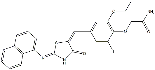 2-(2-ethoxy-6-iodo-4-{[2-(1-naphthylimino)-4-oxo-1,3-thiazolidin-5-ylidene]methyl}phenoxy)acetamide Struktur