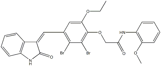 2-{2,3-dibromo-6-ethoxy-4-[(2-oxo-1,2-dihydro-3H-indol-3-ylidene)methyl]phenoxy}-N-(2-methoxyphenyl)acetamide Struktur