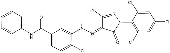 3-{2-[3-amino-5-oxo-1-(2,4,6-trichlorophenyl)-1,5-dihydro-4H-pyrazol-4-ylidene]hydrazino}-4-chloro-N-phenylbenzamide Struktur