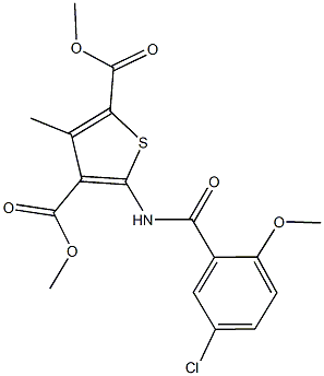 dimethyl 5-[(5-chloro-2-methoxybenzoyl)amino]-3-methyl-2,4-thiophenedicarboxylate Struktur