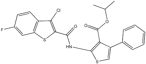 isopropyl 2-{[(3-chloro-6-fluoro-1-benzothien-2-yl)carbonyl]amino}-4-phenyl-3-thiophenecarboxylate Struktur