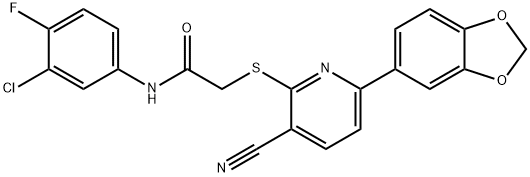 2-{[6-(1,3-benzodioxol-5-yl)-3-cyano-2-pyridinyl]sulfanyl}-N-(3-chloro-4-fluorophenyl)acetamide Struktur