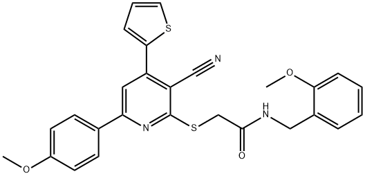 2-{[3-cyano-6-(4-methoxyphenyl)-4-(2-thienyl)-2-pyridinyl]sulfanyl}-N-(2-methoxybenzyl)acetamide Struktur