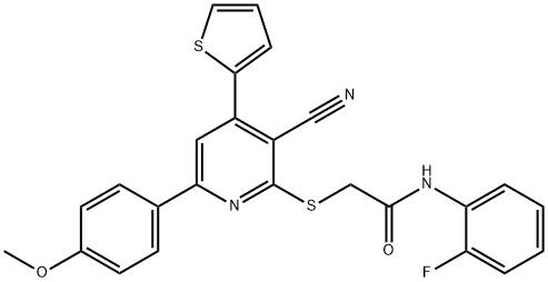 2-{[3-cyano-6-(4-methoxyphenyl)-4-(2-thienyl)-2-pyridinyl]sulfanyl}-N-(2-fluorophenyl)acetamide Struktur