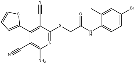 2-{[6-amino-3,5-dicyano-4-(2-thienyl)-2-pyridinyl]sulfanyl}-N-(4-bromo-2-methylphenyl)acetamide Struktur