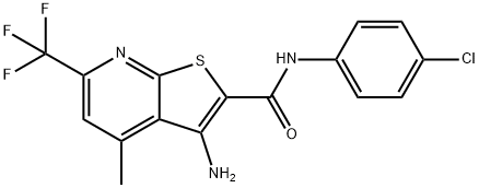 3-amino-N-(4-chlorophenyl)-4-methyl-6-(trifluoromethyl)thieno[2,3-b]pyridine-2-carboxamide Struktur