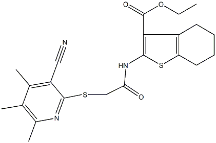 ethyl 2-({[(3-cyano-4,5,6-trimethyl-2-pyridinyl)sulfanyl]acetyl}amino)-4,5,6,7-tetrahydro-1-benzothiophene-3-carboxylate Struktur