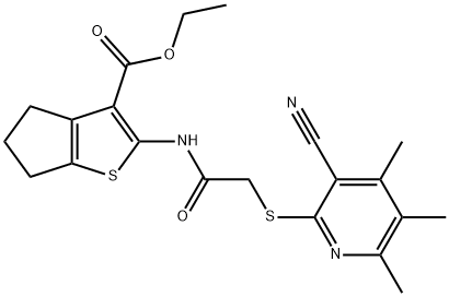 ethyl 2-({[(3-cyano-4,5,6-trimethyl-2-pyridinyl)sulfanyl]acetyl}amino)-5,6-dihydro-4H-cyclopenta[b]thiophene-3-carboxylate Struktur