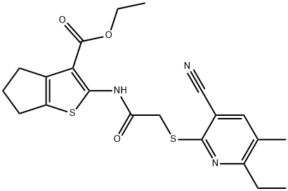 ethyl 2-({[(3-cyano-6-ethyl-5-methyl-2-pyridinyl)sulfanyl]acetyl}amino)-5,6-dihydro-4H-cyclopenta[b]thiophene-3-carboxylate Struktur