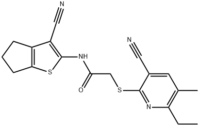 N-(3-cyano-5,6-dihydro-4H-cyclopenta[b]thien-2-yl)-2-[(3-cyano-6-ethyl-5-methyl-2-pyridinyl)sulfanyl]acetamide Struktur