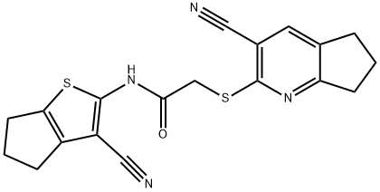 2-[(3-cyano-6,7-dihydro-5H-cyclopenta[b]pyridin-2-yl)sulfanyl]-N-(3-cyano-5,6-dihydro-4H-cyclopenta[b]thien-2-yl)acetamide Struktur